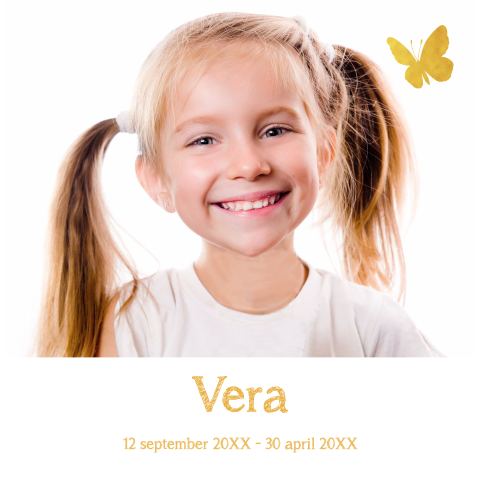 modern foto rouwkaartje voor meisje met vlinders en foto