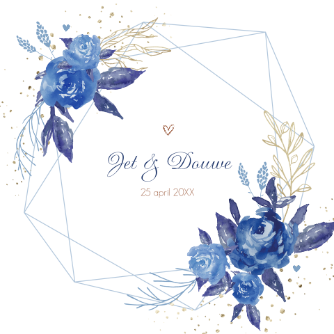 Trouwkaart met frame en waterverf bloemen