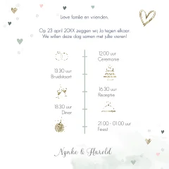 Stijlvolle trouwkaart met hartjes in zacht goud