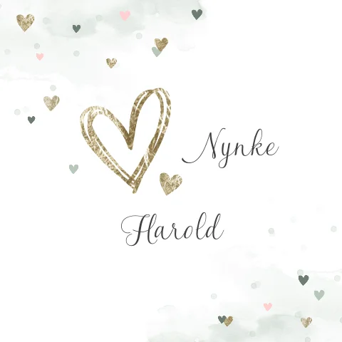 Stijlvolle trouwkaart met hartjes in zacht goud