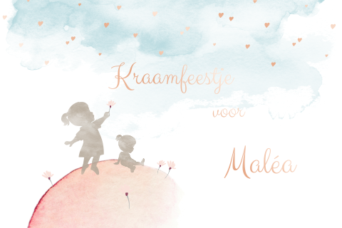 Kraamfeest kaartje met waterverf silhouetten en rose folie hartjes