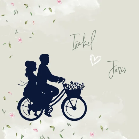 Trouwkaart met silhouetten, bloemen & fiets