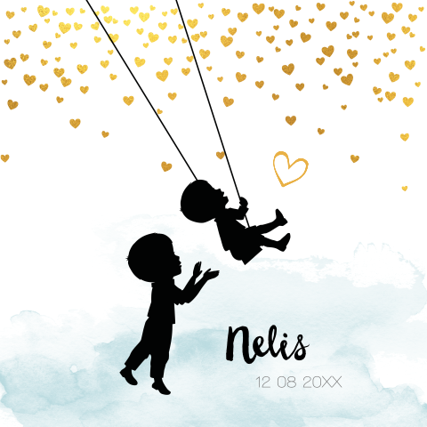 Geboortekaartje jongen schommel, hartjes & silhouet