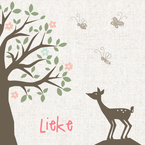 Retro lief geboortekaartje voor meisje Lieke met boom en hertje