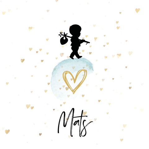 Geboortekaart met confetti en silhouet jongen knapzak