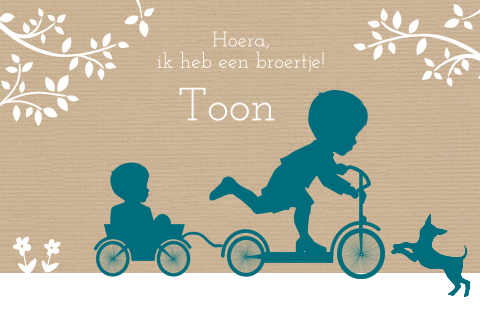 Trendy geboortekaartje met silhout jongen en broertje op kraft