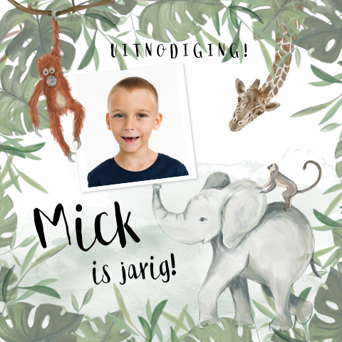 Stoer verjaardag uitnodiging met foto, jungle dieren
