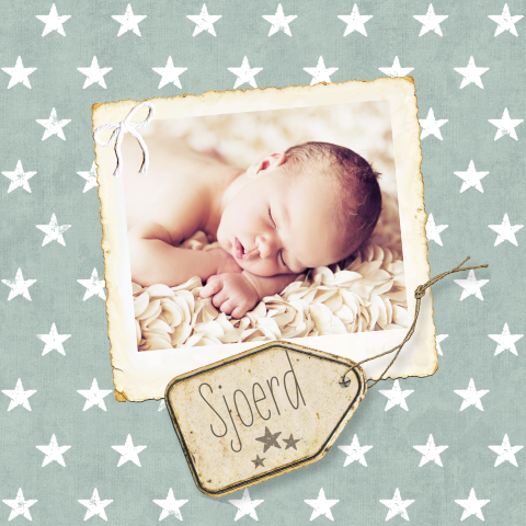 Mooi foto geboortekaartje Sjoerd met sterren en vintage etiket