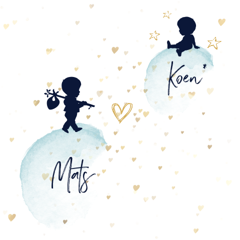 tweeling rouwkaartje met confetti van hartjes & silhouetten
