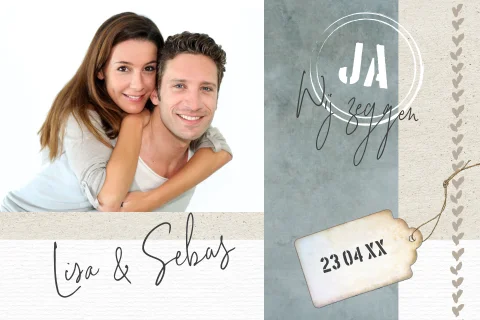 Mooie trouwkaart met foto structuren en etiket