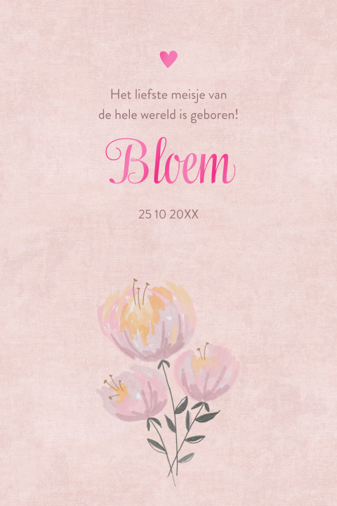 Moderne vrolijke geboortekaart met bloem en hoogglans tekst