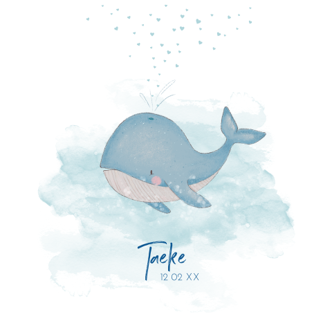 Geboortekaart met kleine walvis en waterverf