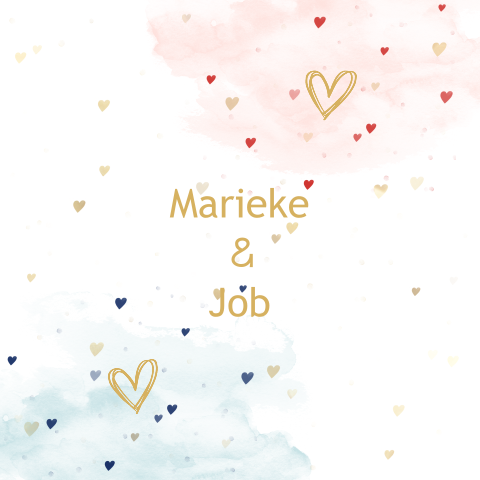 mooie tweelingkaart met kleine goudkleurige hartjes en waterverf