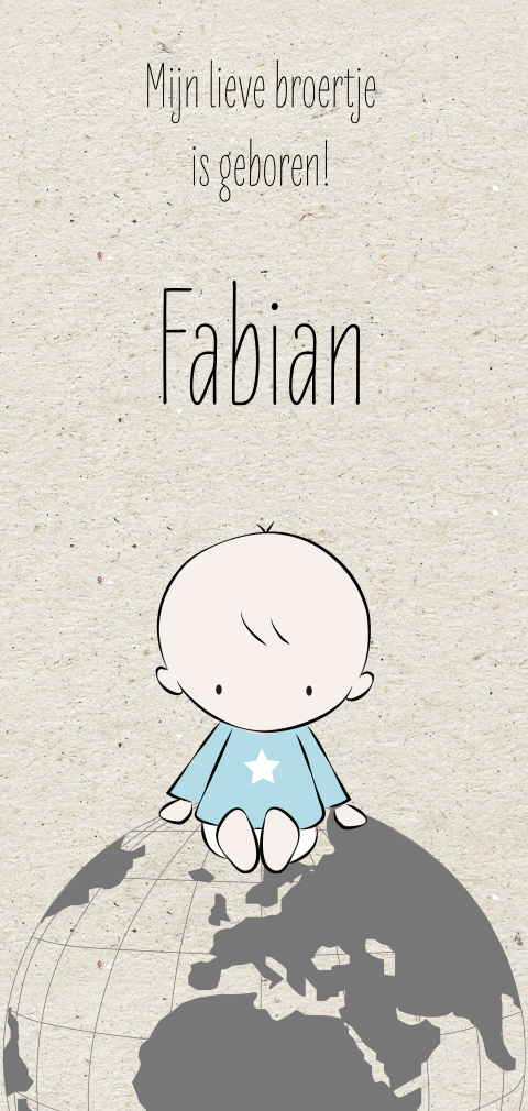 Enkele geboortekaart met tekening van baby op wereld