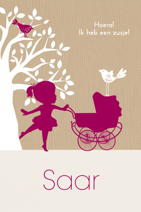 mooie silhouet geboortekaart met retro kinderwagen en boom voor zusje