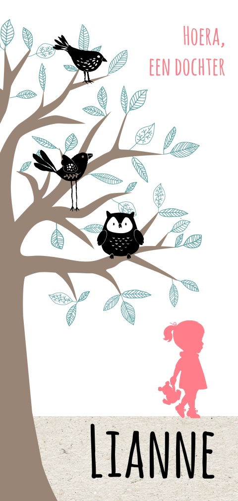 Enkele geboortekaart met silhouet van meisje met boom en vogels