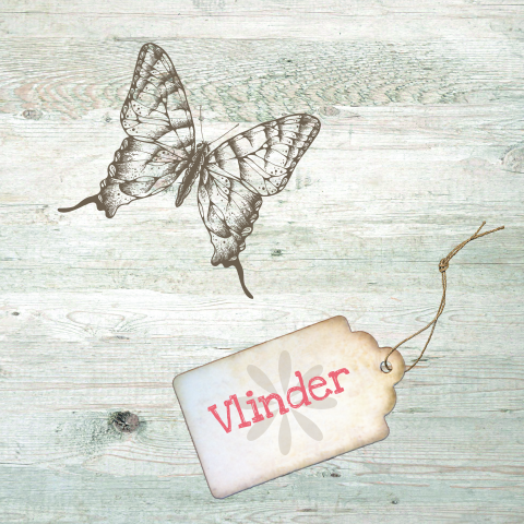 mooi rouwkaartje met vintage vlinder labels en stempels op hout