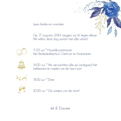 Trouwkaart met blauwe waterverf bloemen en cirkels