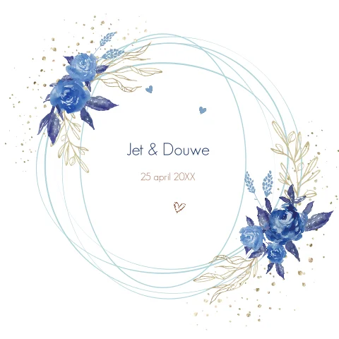 Trouwkaart met blauwe waterverf bloemen en cirkels