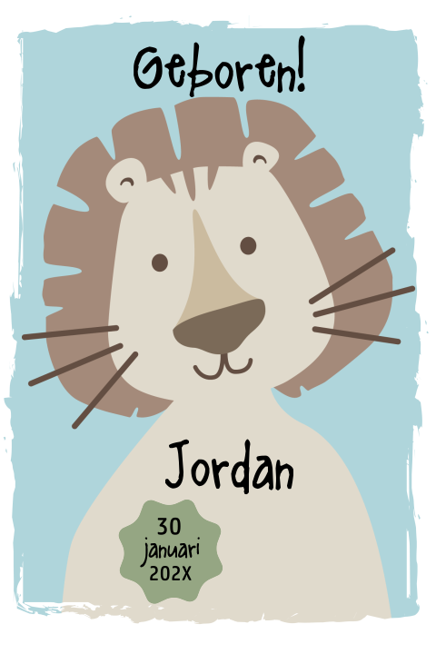 Hip geboortekaartje met schattig leeuwtje.