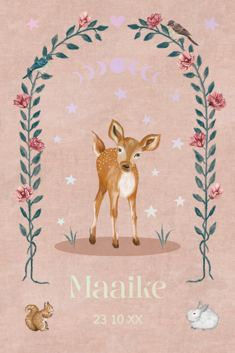 Tof geboortekaartje hertje bosdieren vogeltjes bloemen en foliedruk