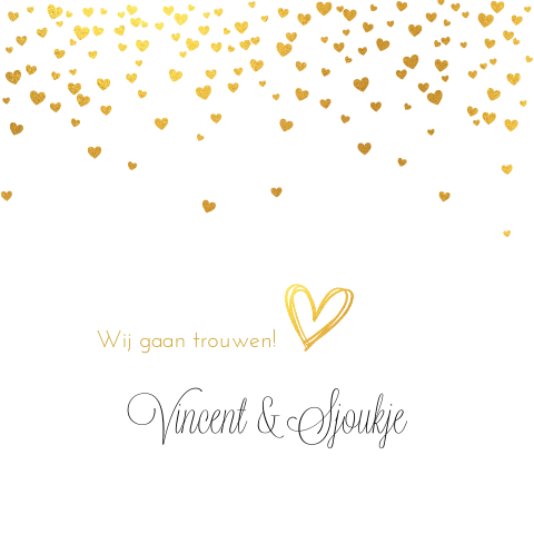 Mooie trouwkaart met confetti van goudkleurige hartjes