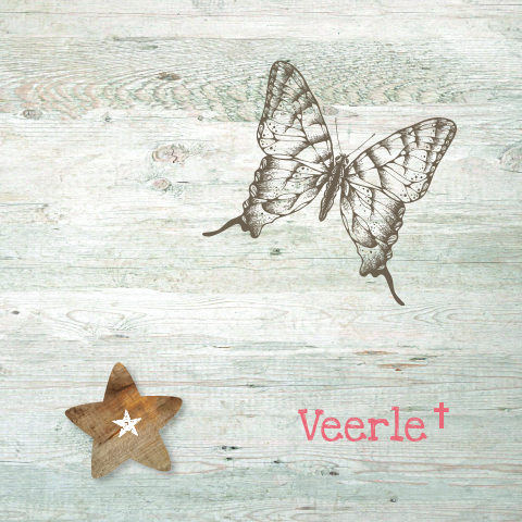stoer rouwkaartje met vintage vlinder op steigerhout