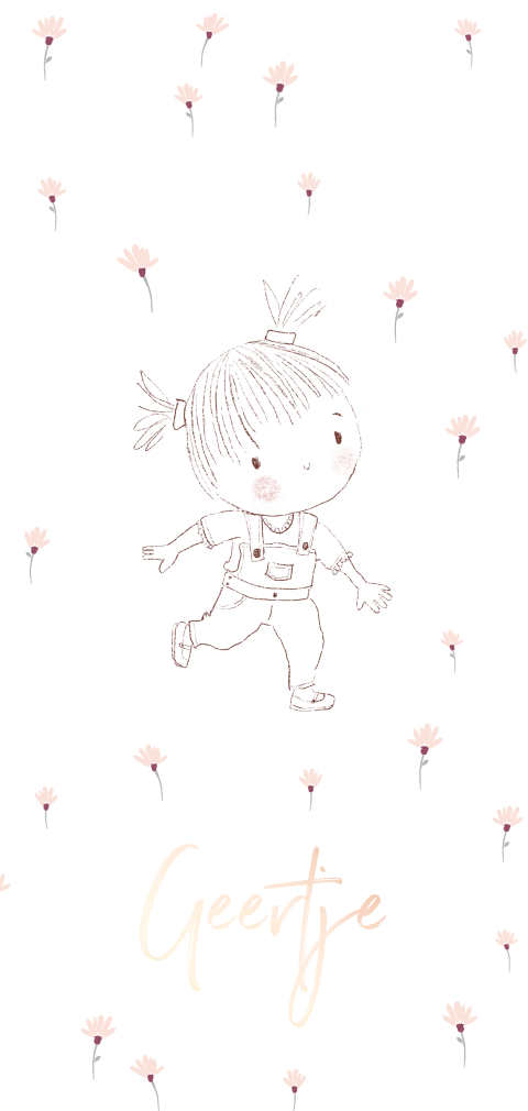 Hip geboortekaartje met roséfolie en tekening meisje