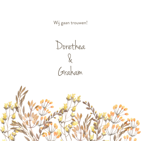 mooie trouwkaart met gele bloemetjes in aquarel