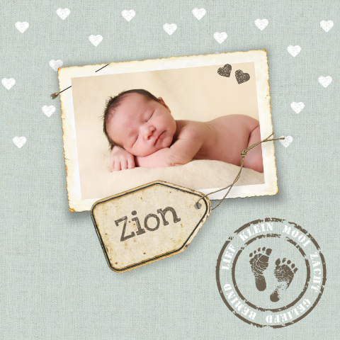 Vintage geboortekaartje met foto en oud etiket