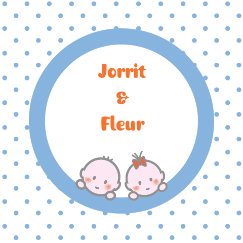 Vrolijke tweeling geboortekaart met stippen zelf maken en cartoon baby