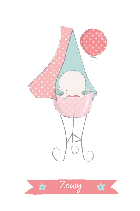 Lief geboortekaartje met baby in wiegje met ballonnen