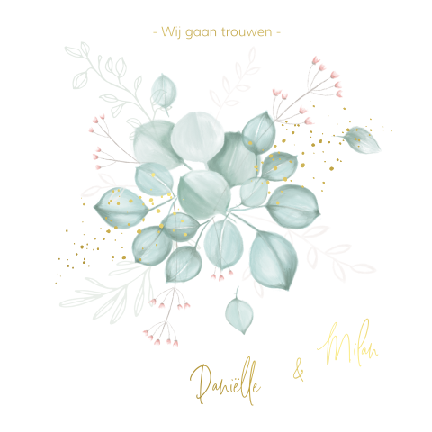 Goudfolie botanische trouwkaart met eucalyptus