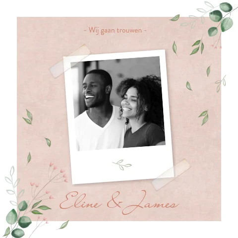 Trouwkaart met foto en handgetekende blaadjes