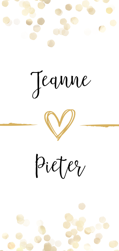 moderne staande trouwkaart met gouden confetti en hartje