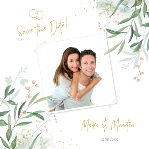 Botanische save the date kaart met foto en getekende bloemen