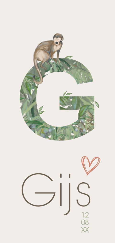 Jungle geboortekaart met aapje en typografie