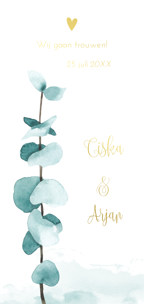 Staande trouwkaart met foliedruk & eucalyptus ronde hoeken