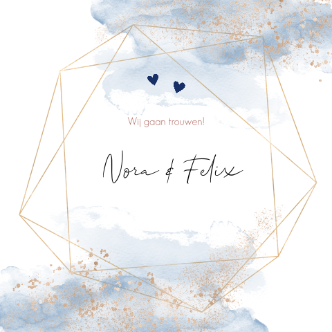 Mooie waterverf trouwkaart met koper kleurige confetti