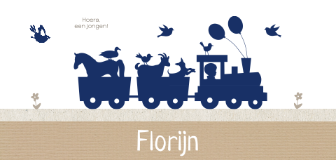 Silhouet geboortekaartje met jongentje en dieren in een trein