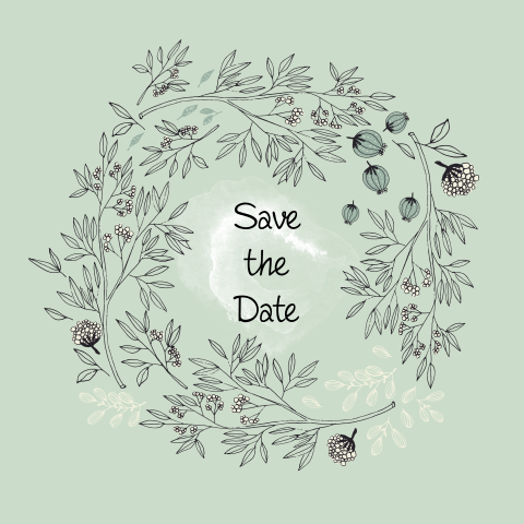 mooie save-the-date-kaart met ronde tak met bloemetjes en aquarel