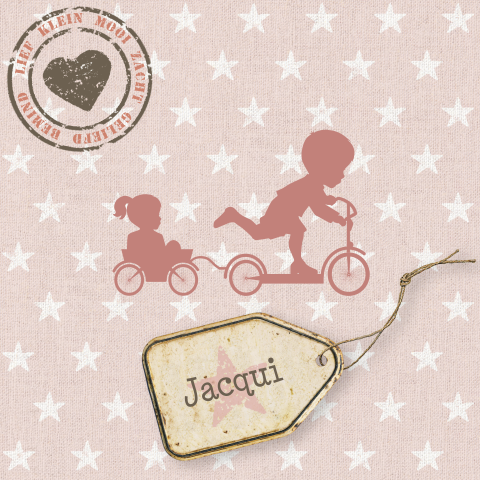 Vintage geboortekaartje met silhouet zusje op step en label