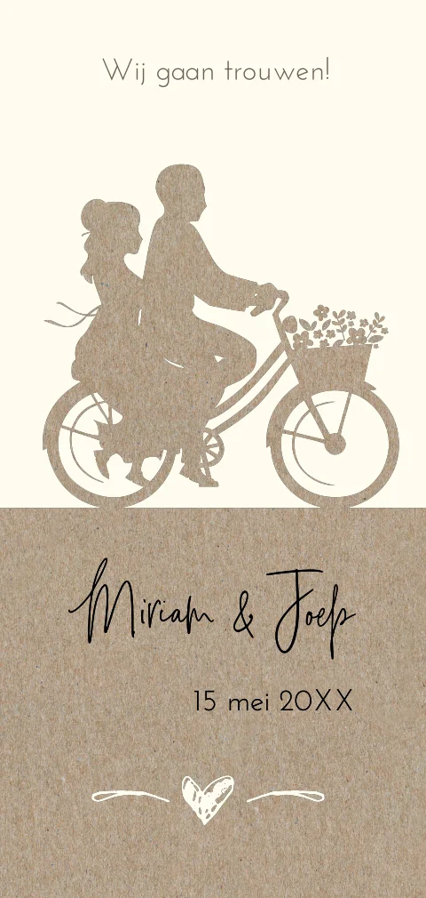 Staande trouwkaart met silhouette op echt kraftpapier