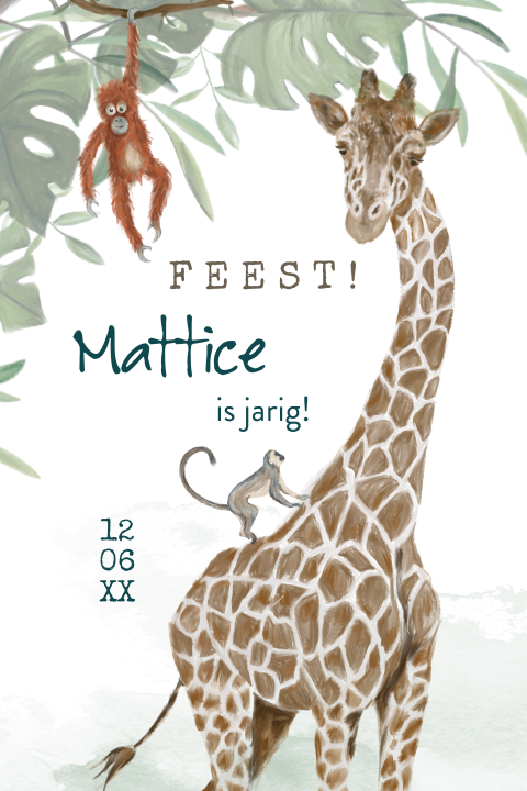 Verjaardagskaart met giraf en aapjes voor een kinderfeest