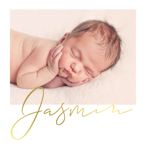 Labeltje vierkant met baby foto en naam in folie
