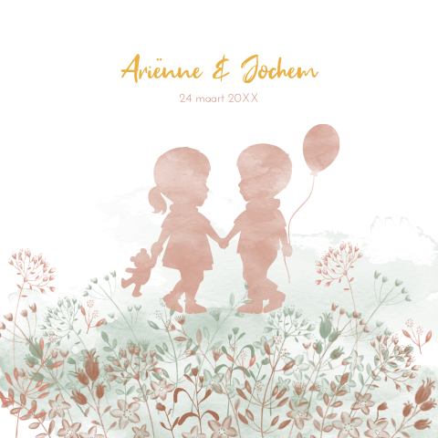Waterverf tweeling kaartje met silhouetten en bloemen