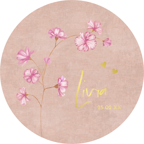 Ronde geboortekaart met goudfolie en geschilderde bloemen