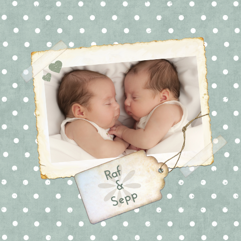 Mooi tweeling geboortekaartje met foto en stippen vintage label
