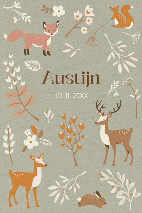 Bosdieren geboortekaartje met hert vosje en eekhoorn