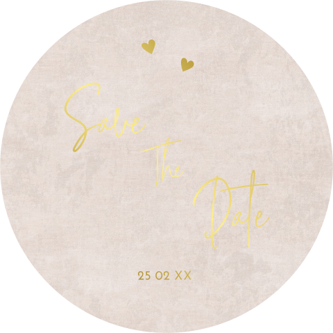 Ronde save the date kaart met goudfolie en hartjes